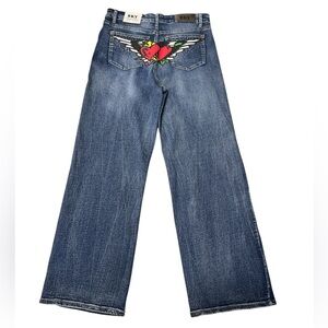 SKY Jeans Womens Flare Bootcut Heart Wings rhinestones Blue Denim Pants ~ NWT